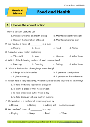 Human Body Food And Health Worksheets Class 4 PDF