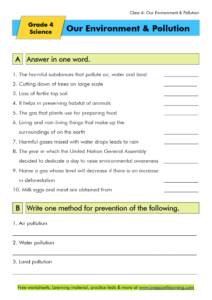 Our environment and pollution Worksheets Class 4 - Science