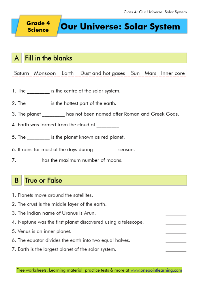 Solar System Worksheet For Class 4 One Point Learning