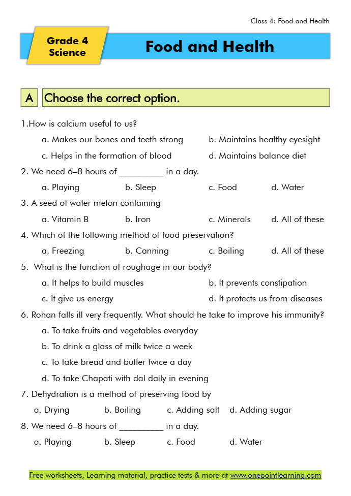 Food and Health Worksheets Class 4